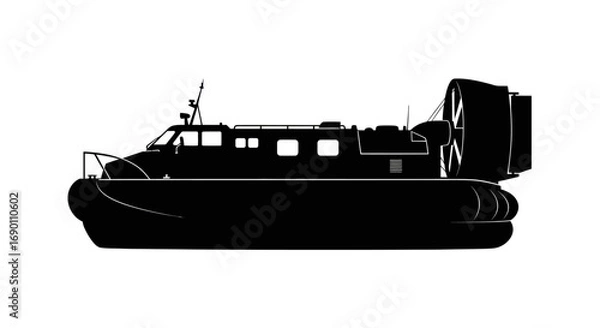 Fototapeta Black silhouette of a hovercraft, a versatile amphibious vehicle with a large rear fan.