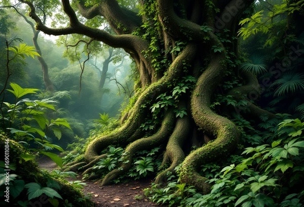 Fototapeta Ancient Banyan Tree in Lush Rainforest, Mystical Jungle Scene