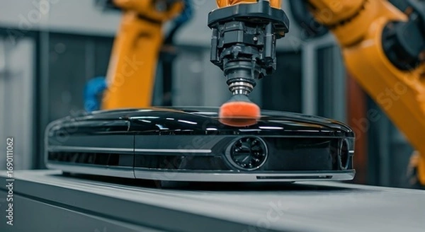 Fototapeta Robotic Arm Polishing a Black Electronic Device in a Factory