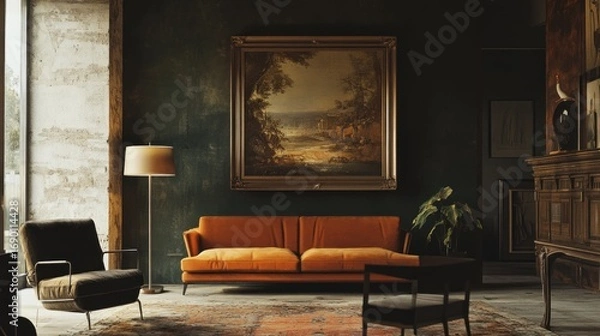 Fototapeta A Vintage Living Room Interior with an Orange Sofa and an Antique Cabinet