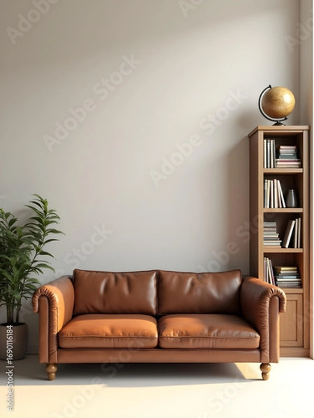 Fototapeta Modern Living Room Interior Design with Brown Leather Sofa and Bookshelf