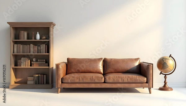 Fototapeta Cozy Living Room with Brown Leather Sofa, Bookshelf, and Globe