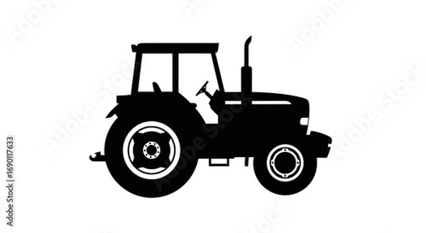 Fototapeta Simple black silhouette of a farm tractor, side profile view vector icon for agriculture.