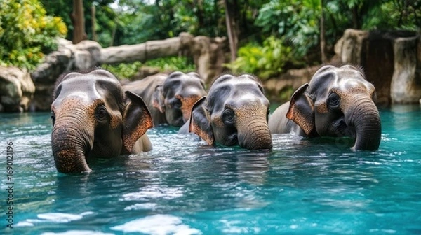 Fototapeta Four Elephants Bathing in a Lush Green Tropical Lagoon