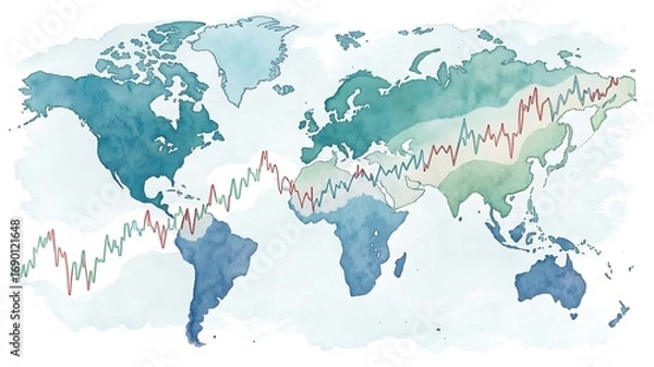 Obraz Blue Watercolor World Map with Stock Market Analysis Graph