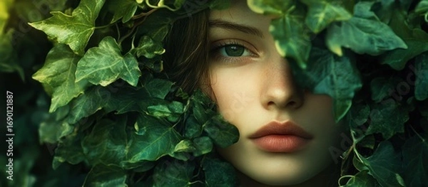 Fototapeta A Woman's Face Partially Hidden by Lush Green Ivy