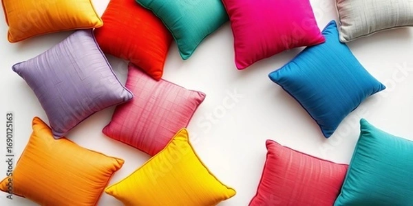 Fototapeta Vibrant textured pillows arranged artistically on white background,   home,   handmade