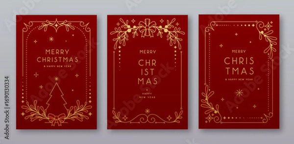 Fototapeta Set of modern Christmas frames or holiday greeting cards on red background. Line art vector illustration