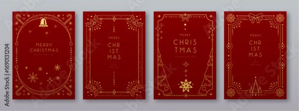 Fototapeta Set of modern Christmas frames or holiday greeting cards on red background. Line art vector illustration