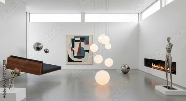 Fototapeta Modern Interior with Floating Furniture, Abstract Art, and Orb Lighting