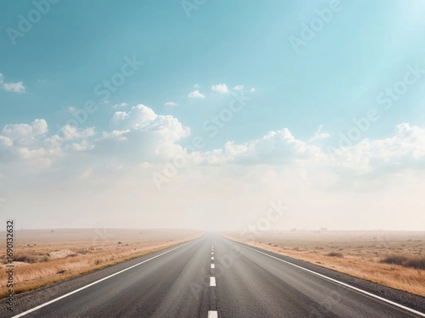 Fototapeta Serene Horizon. A Straight Road to the Fading Distance, Beneath a Soft Sky.