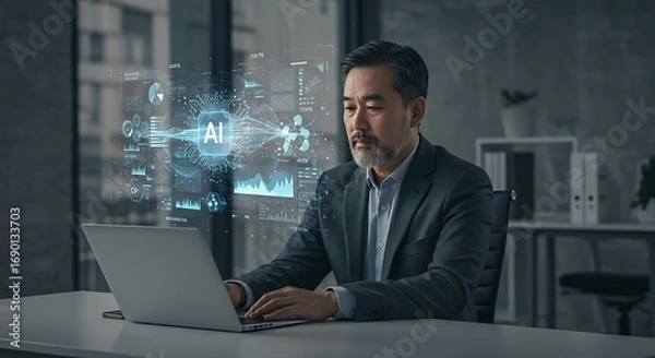 Fototapeta Asian businessman using laptop with AI interface in modern office.
