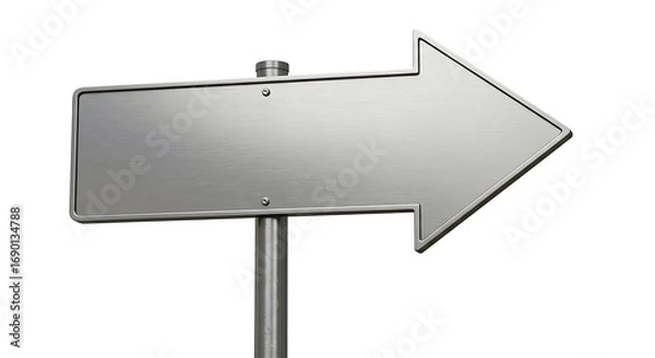 Fototapeta Blank metallic arrow sign pointing right on a pole, isolated on white background, offering clear direction or space for custom text.