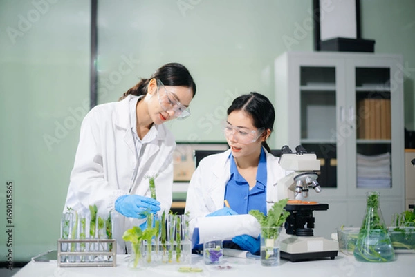 Fototapeta Asian scientists analyze vegetables with microscopes and laptop in clean biotech lab. Food testing, nutrition research