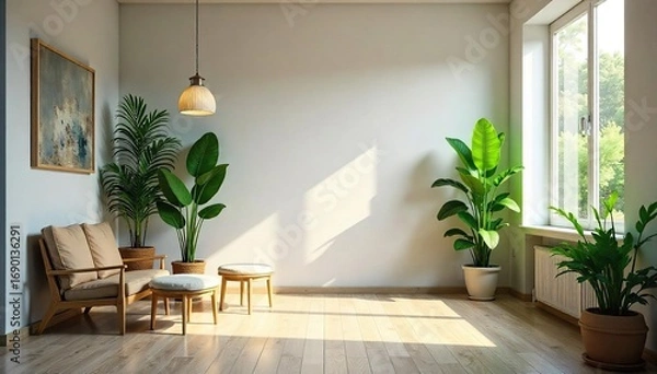 Fototapeta Serene office space with plants, calming light, and a mindfulness zone; ideal for promoting mindful business practices and stress reduction in the workplace ,  self-care,  clean,  work life balance