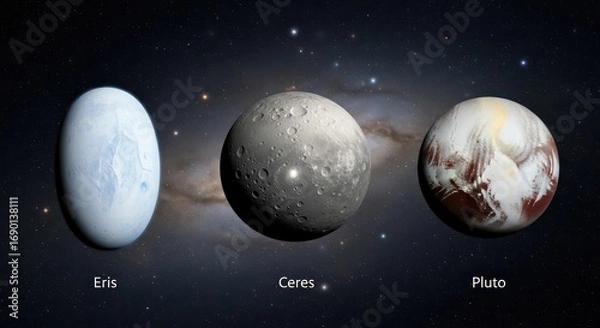 Fototapeta Eris, Ceres, and Pluto: Dwarf Planets in a Starry Cosmic Landscape