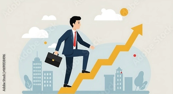 Fototapeta Businessman climbing up arrow graph for success and growth in career.