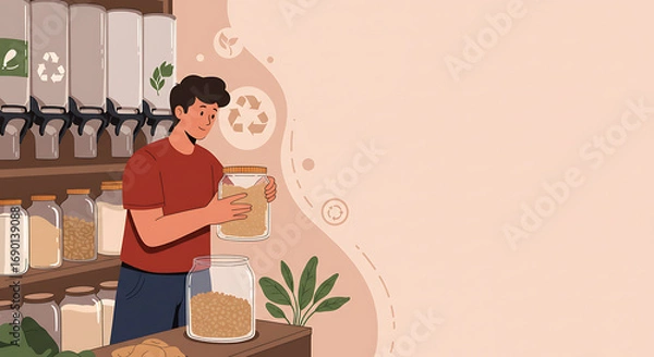 Fototapeta Man Shopping For Sustainable Groceries at a Zero Waste Store with Bulk Bins and Jars