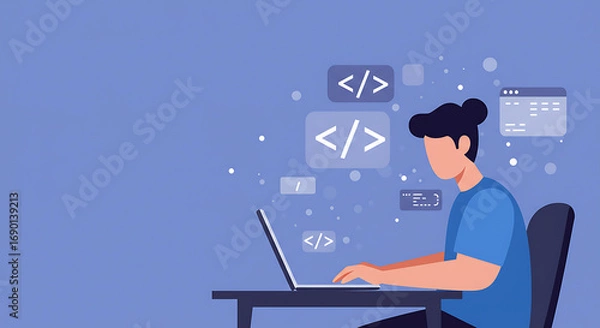 Fototapeta Modern flat design illustration of a focused programmer creating software code on a laptop computer, surrounded by digital symbols, representing web development and technological progress