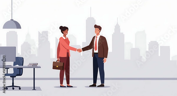 Fototapeta Business professionals shaking hands and making a deal in front of a city skyline backdrop