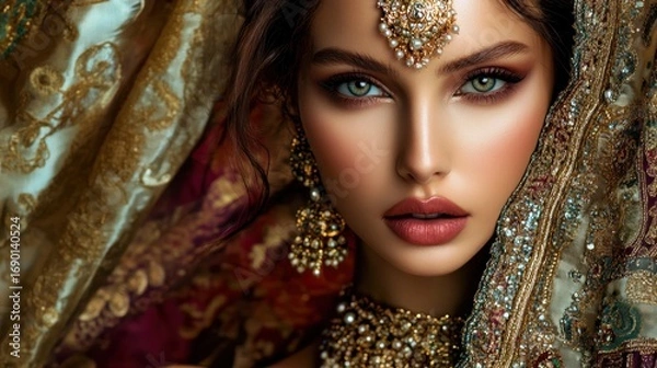 Fototapeta Close-up Portrait of a Woman Adorned in Indian Jewelry and Garments
