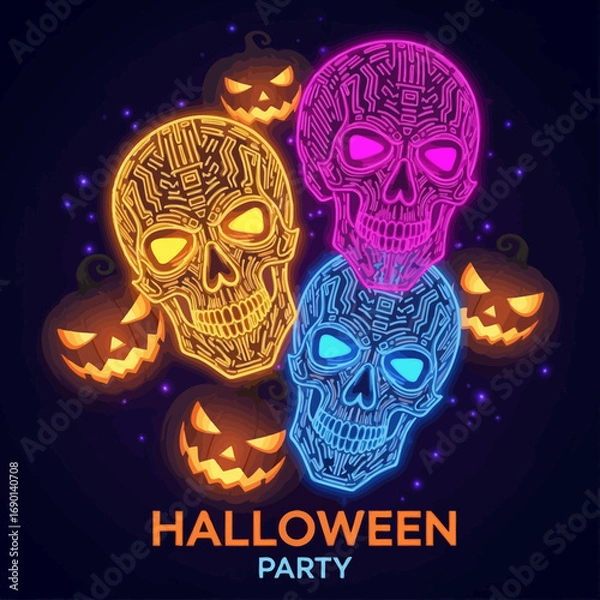 Fototapeta Vibrant neon skulls and jack-o'-lanterns glow for an electrifying Halloween party celebration.