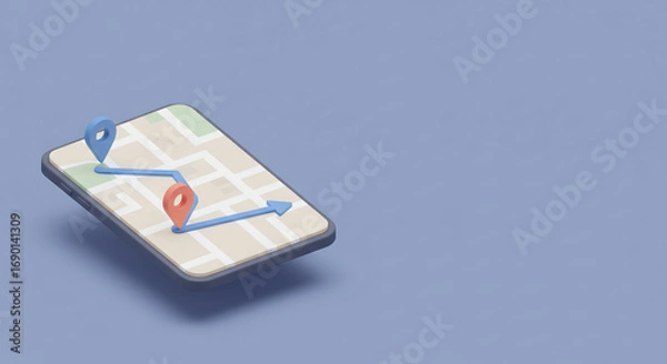 Fototapeta Isometric smartphone map navigation concept with location pins and route on a blue background
