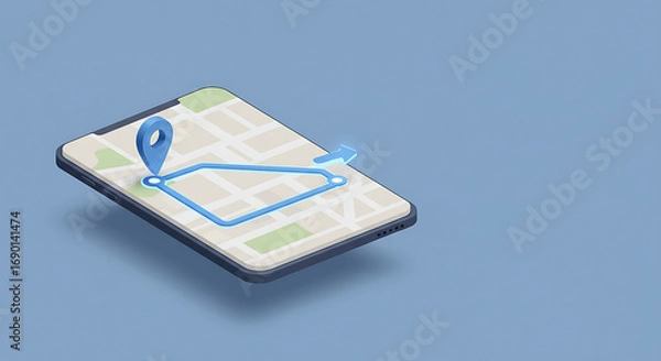 Fototapeta Isometric 3D smartphone displaying a digital map with a planned route for online navigation