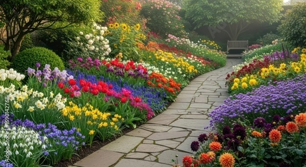 Fototapeta Winding Stone Path Through a Vibrant, Colorful, and Lush Flower Garden