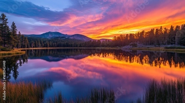 Fototapeta Sunset Reflected in a Still Lake with Silhouetted Trees and Mountains