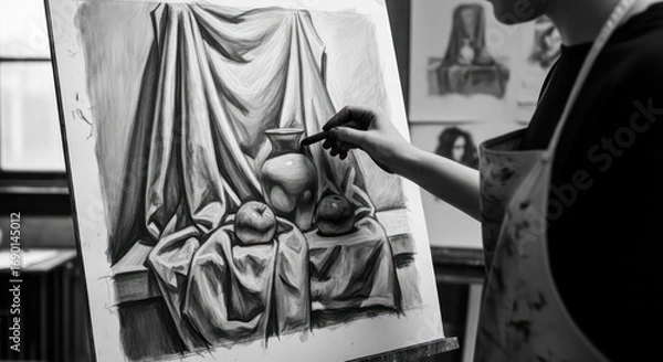 Fototapeta Charcoal still life drawing of vase and apples with draped fabric in art studio