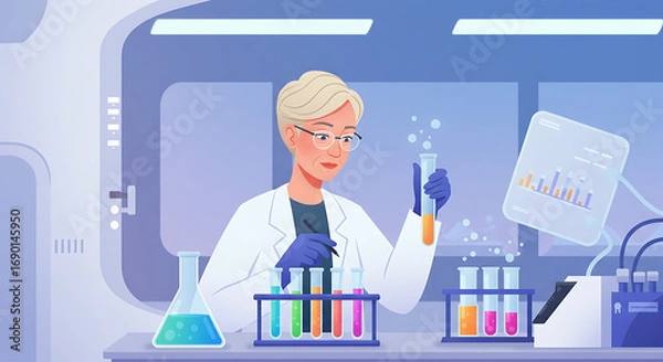 Fototapeta Scientist conducting research in a modern laboratory with colorful test tubes and data analysis