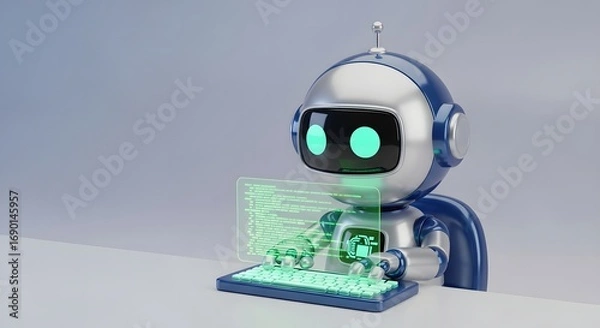 Fototapeta Robot Typing on Keyboard with Screen Displaying Code