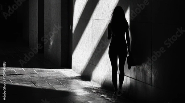Fototapeta A Silhouette of a Woman Standing in a Shadowy Urban Setting