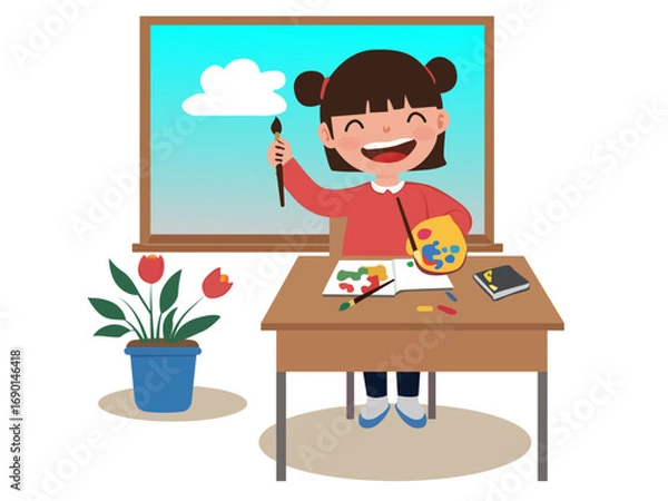 Fototapeta A smiling girl holding a paintbrush and color palette, sitting at a desk with books and art supplies. Perfect for education materials, school posters, creative learning concepts, and parenting content