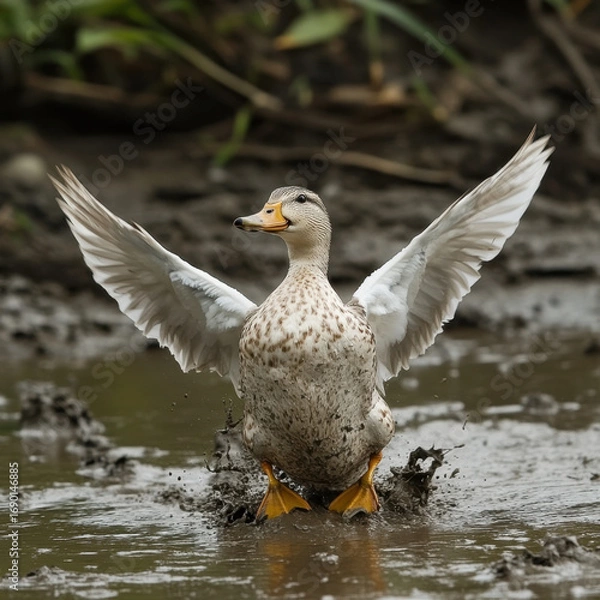 Obraz Duck flapping wings in water.