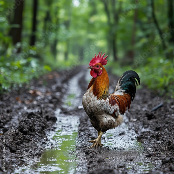 Obraz Rooster strides confidently on muddy road.