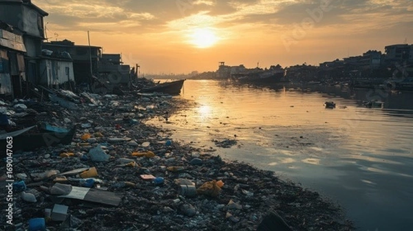Fototapeta Sunset Over a River Polluted with Trash and Debris