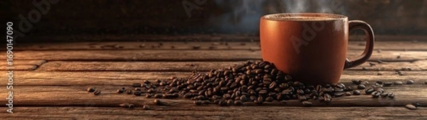 Fototapeta Steaming Cup of Coffee with Coffee Beans on Rustic Wooden Surface