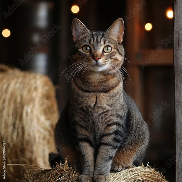 Obraz Cat sitting on hay pile.