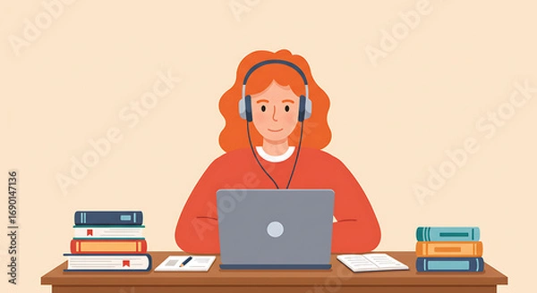 Fototapeta Female student engaged in e-learning, listening to an online course with a laptop and headphones