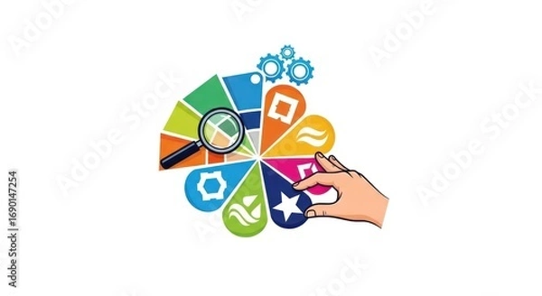 Fototapeta Hand selecting star icon from colorful design elements with magnifying glass