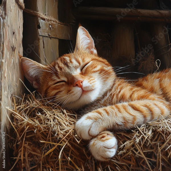 Obraz Cat sleeping on hay pile.