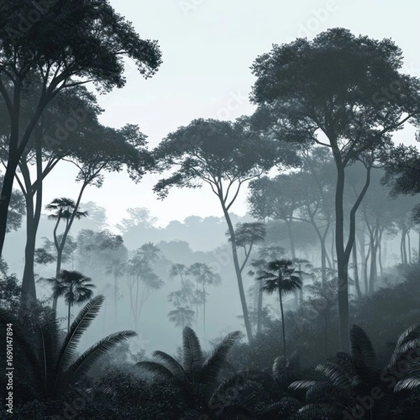 Fototapeta Misty Jungle Landscape with Palm Trees and Tall Trees