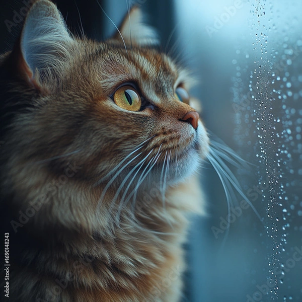 Obraz Cat gazes out window at rain.