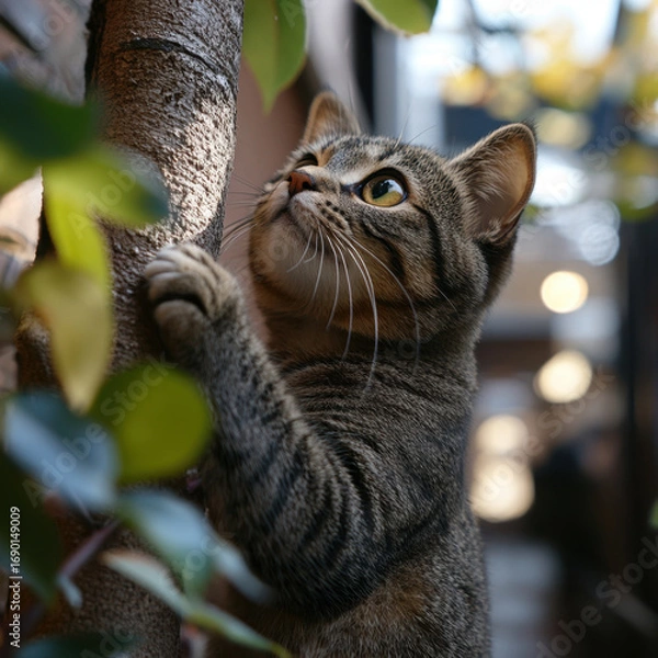 Obraz Cat reaching up tree branch.