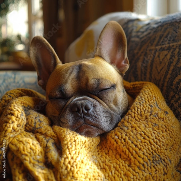 Obraz Small dog sleeping on a blanket.