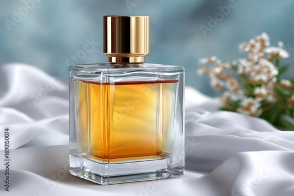 Fototapeta Elegant perfume bottle sitting on white silk with golden cap