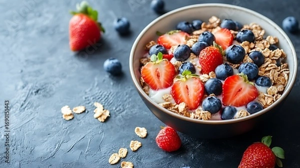 Fototapeta Cereals covered with blueberries and strawberries for breakfast