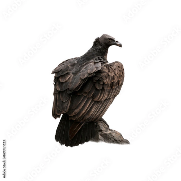 Obraz Black Vulture Perched on Rock, Isolated on Black Background